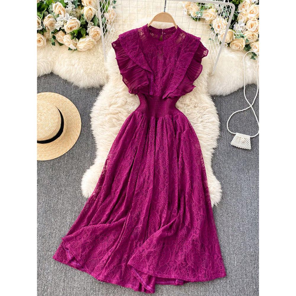 Women Vestidos French Elegant Pleated Ruffled Waist Temperament Lace Midi Dress dylinoshop