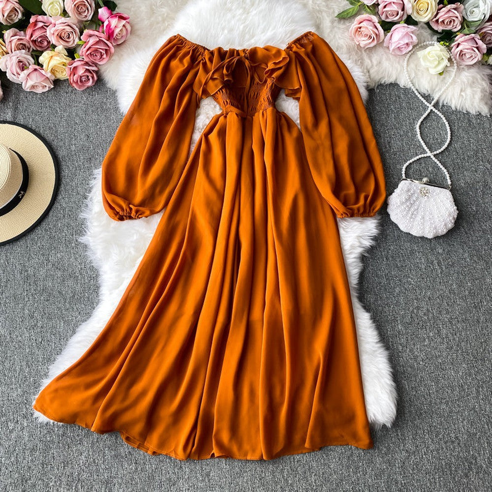 Women's Slash Neck Long Sleeve Midi Dress dylinoshop