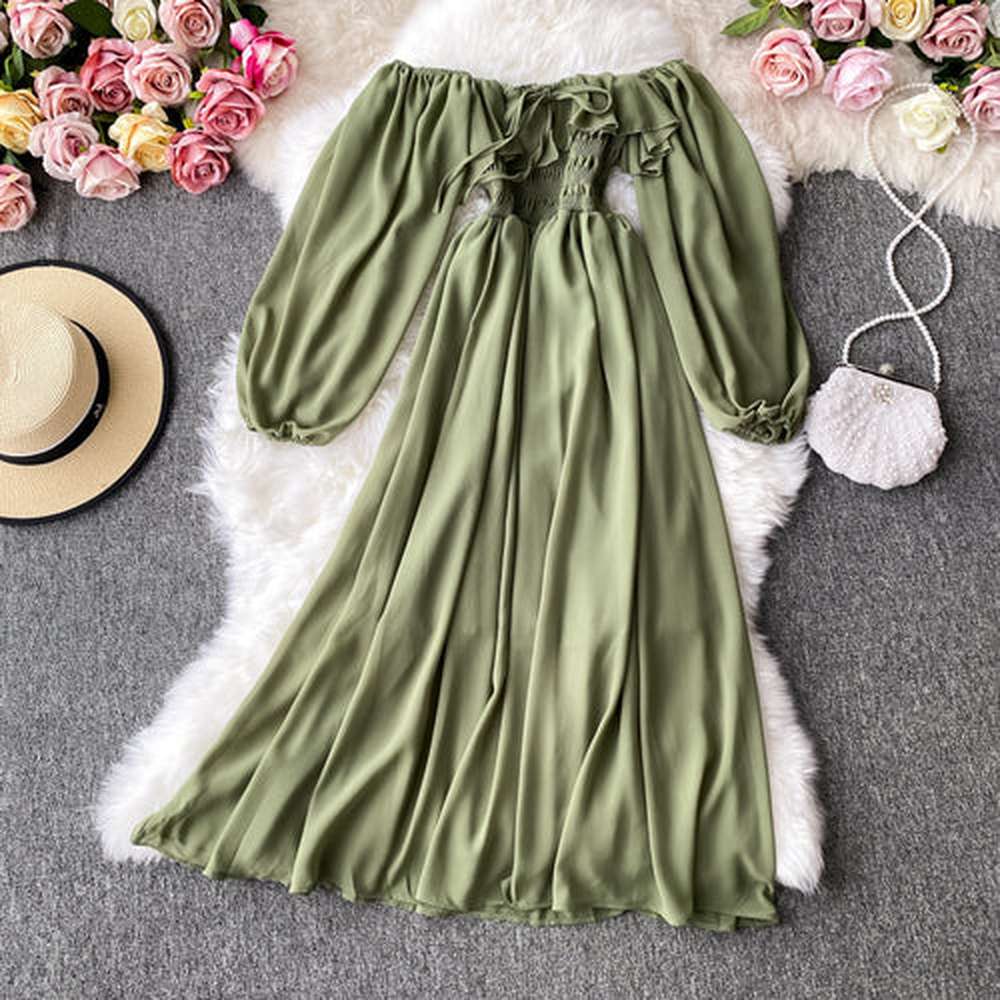 Women's Slash Neck Long Sleeve Midi Dress dylinoshop