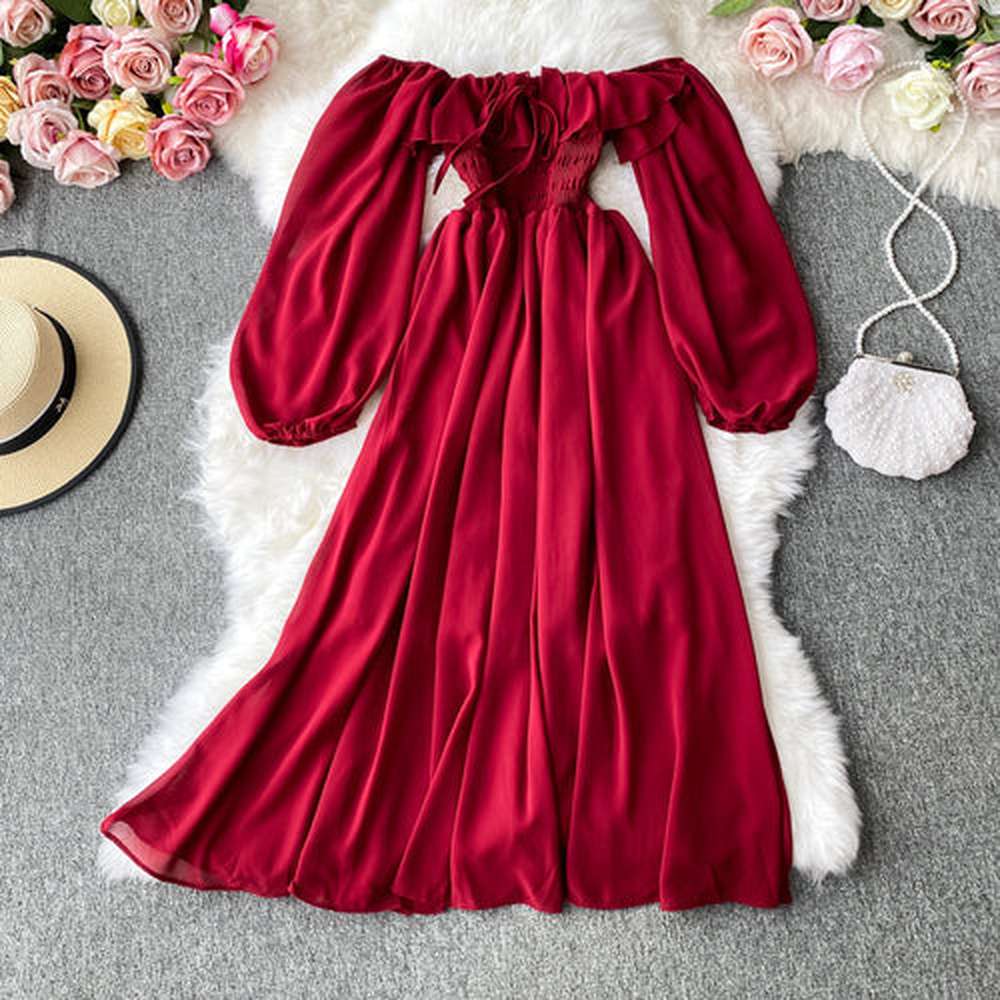 Women's Slash Neck Long Sleeve Midi Dress dylinoshop