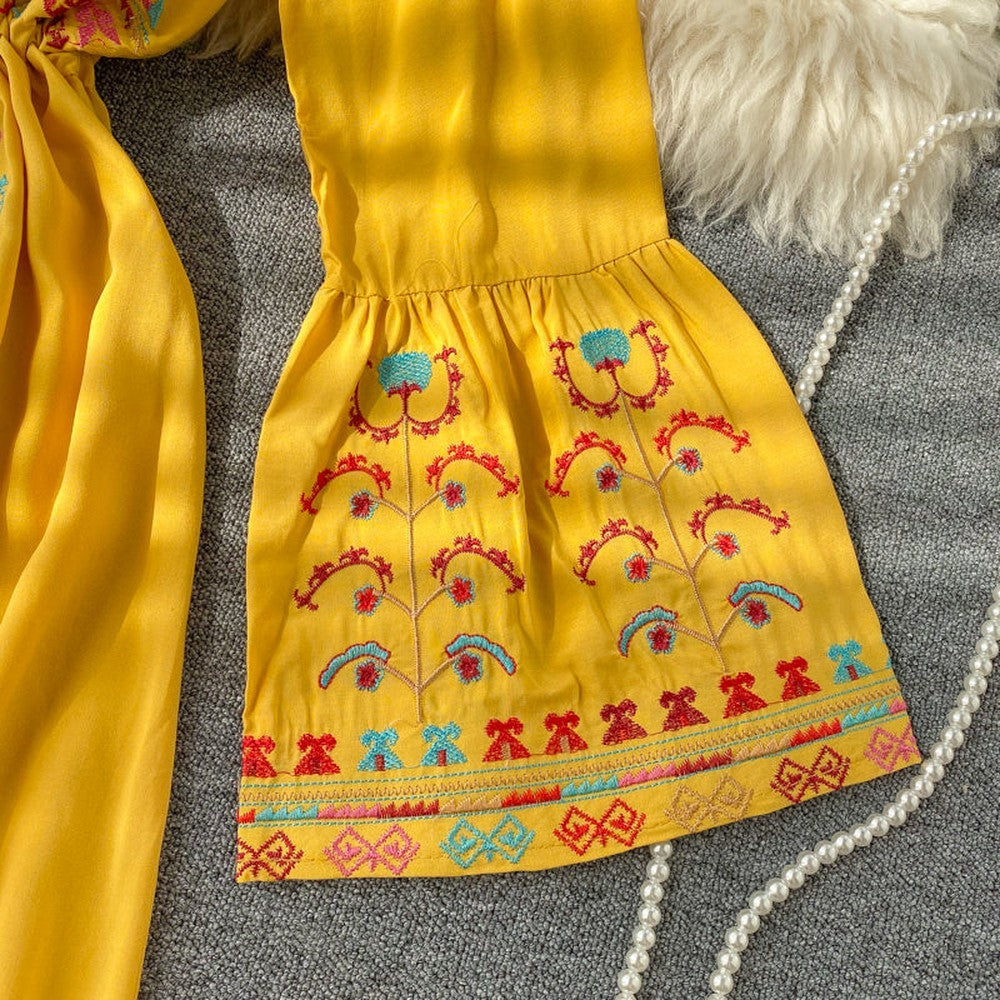 Women Embroidery Drawstring Trumpet Sleeves Ethnic Style Waist Long Dress dylinoshop