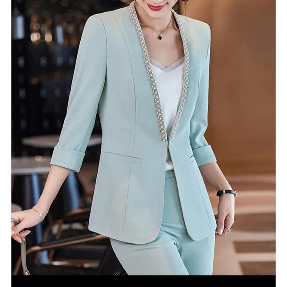 Women Korean Style Pearl Half Sleeve Casual Blazer dylinoshop