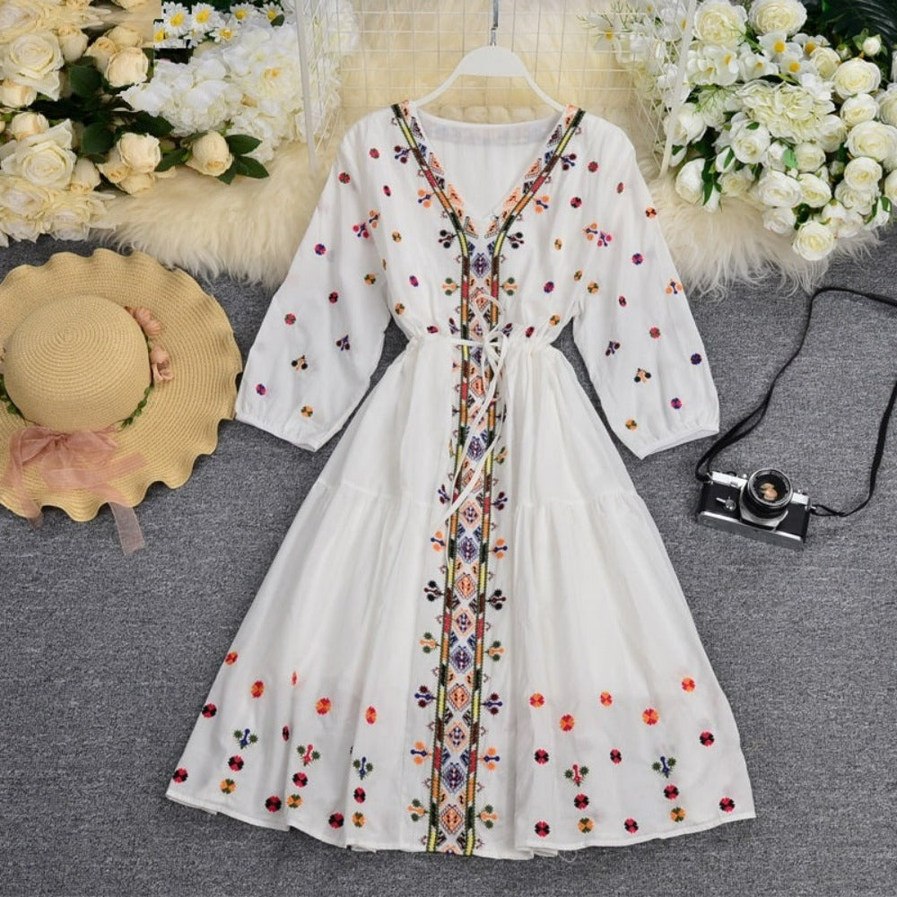 Women Vintage Embroidery Floral Casual Loose Lace Up Boho Mini Dress dylinoshop