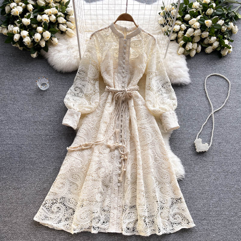 Women Vintage Lantern Single Breasted Vestidos Lace Midi Dress dylinoshop