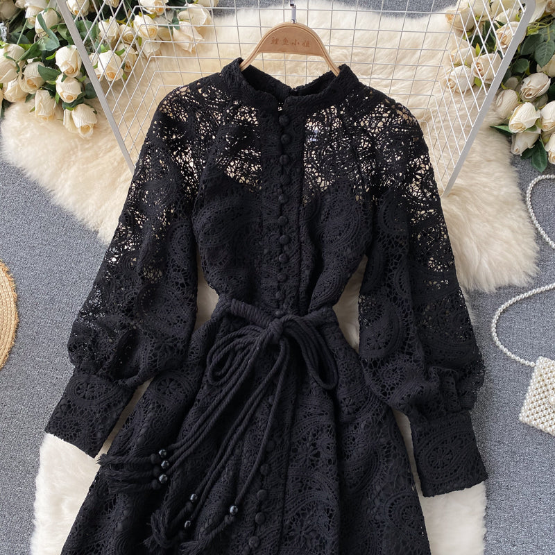 Women Vintage Lantern Single Breasted Vestidos Lace Midi Dress dylinoshop