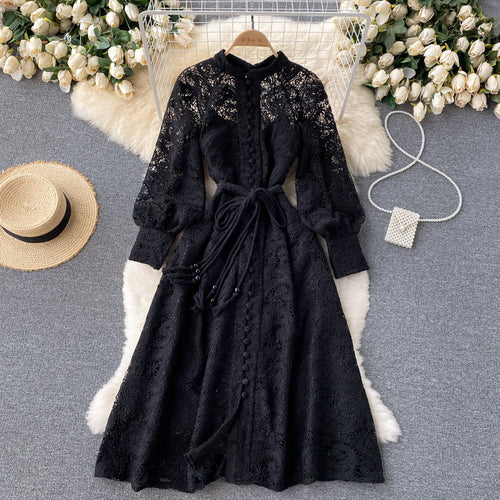 Women Vintage Lantern Single Breasted Vestidos Lace Midi Dress dylinoshop