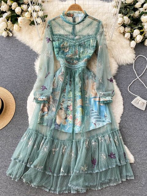 Women Mesh Ruffles Lace Flowers Embroidery A Line Vintage Midi Dress dylinoshop