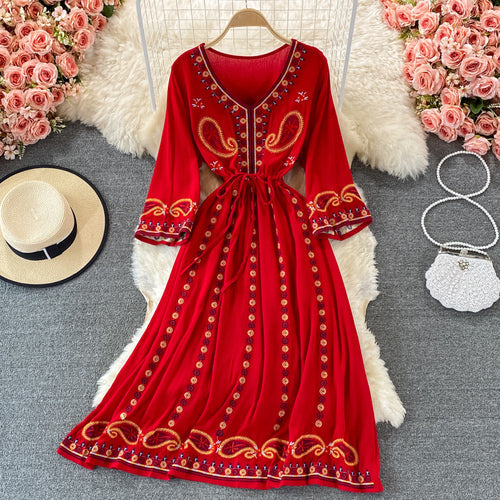 Women Vintage Embroidery Flower Mid-length A-line Dress dylinoshop