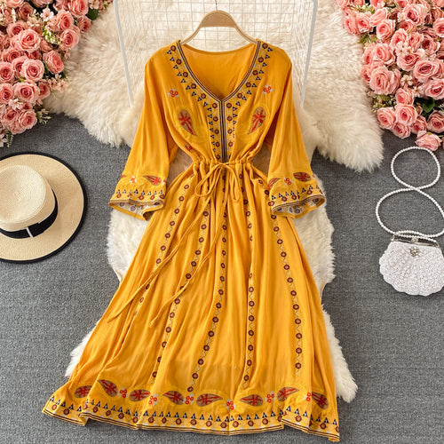 Women Vintage Embroidery Flower Mid-length A-line Dress dylinoshop