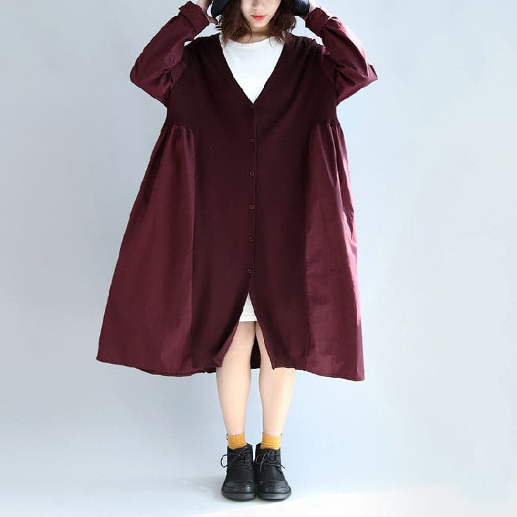 purple red patchwork cotton silk sweater outwear oversize casual knit long coats CTS171028