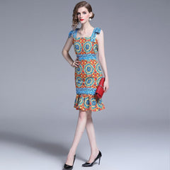 Women Retro Vestidos Print Bow Decoration Square Neck Strap Midi Dress dylinoshop