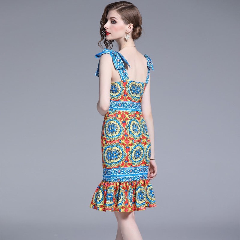 Women Retro Vestidos Print Bow Decoration Square Neck Strap Midi Dress dylinoshop