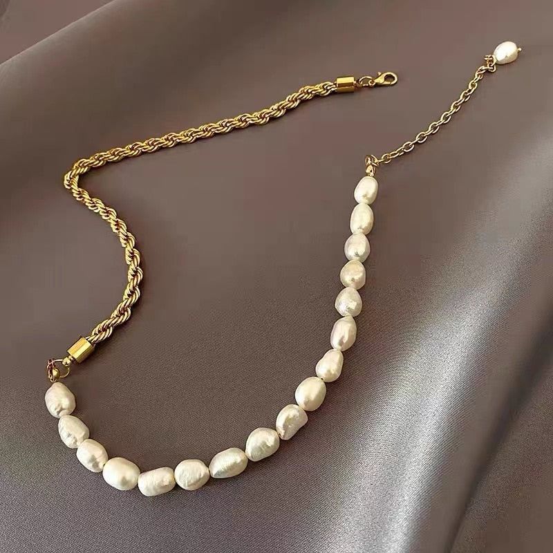 Splicing Stainless Steel Necklaces Charm Jewelry NCJSO05 French Baroque Pearl Touchy Style