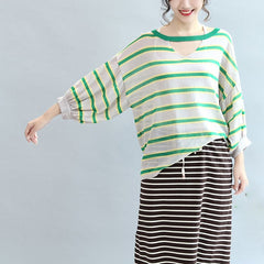 spring green striped cotton tops plus size lantern sleeve t shirt LTP171028