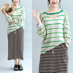 spring green striped cotton tops plus size lantern sleeve t shirt LTP171028