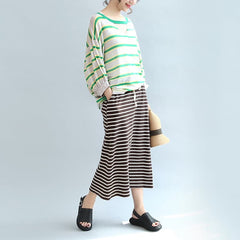 spring green striped cotton tops plus size lantern sleeve t shirt LTP171028