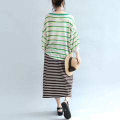 spring green striped cotton tops plus size lantern sleeve t shirt LTP171028