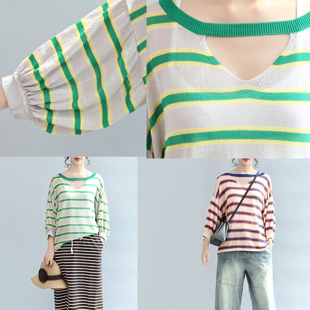 spring green striped cotton tops plus size lantern sleeve t shirt LTP171028