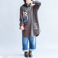 stylish big bird prints gray casual knit cotton tops plus size grid hooded t shirt NTP171028