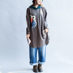 stylish big bird prints gray casual knit cotton tops plus size grid hooded t shirt NTP171028