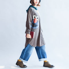 stylish big bird prints gray casual knit cotton tops plus size grid hooded t shirt NTP171028