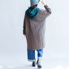 stylish big bird prints gray casual knit cotton tops plus size grid hooded t shirt NTP171028