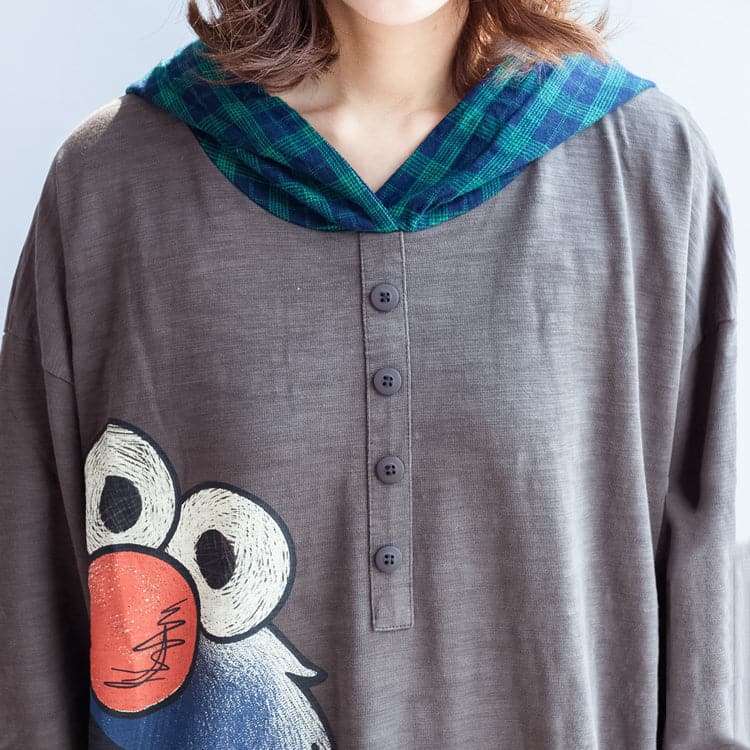 stylish big bird prints gray casual knit cotton tops plus size grid hooded t shirt NTP171028