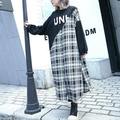 stylish black Plaid patchwork cotton blended dresses O neck caftans women side open baggy dresses AT-FDL1809911