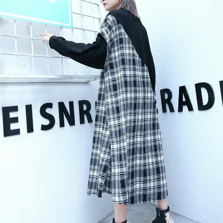 stylish black Plaid patchwork cotton blended dresses O neck caftans women side open baggy dresses AT-FDL1809911