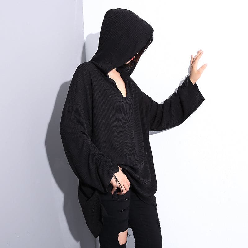 stylish black cotton blended oversized Hooded baggy clothing tops women long sleeve asymmetrical design cotton clothing AT-LTP180910