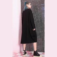 stylish black natural oversized linen cotton dress zippered baggy 2018 O neck midi dress AT-FDM180917