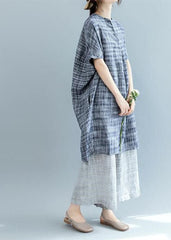 stylish black Plaid natural linen dress oversize traveling dress 2018 Batwing Sleeve o neck baggy dresses FDM180808