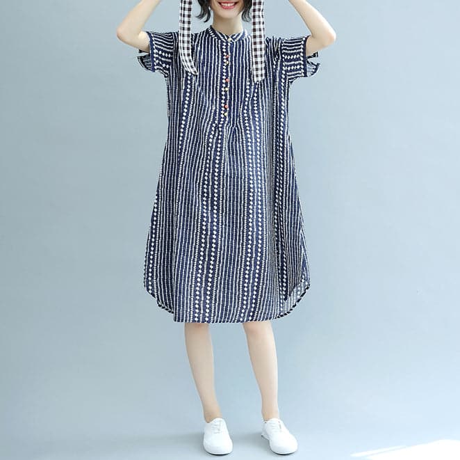 stylish blue floral Midi-length cotton dress plus size clothing cotton maxi dress Fine short sleeve pockets Stand baggy dresses SDL180808