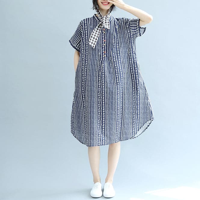 stylish blue floral Midi-length cotton dress plus size clothing cotton maxi dress Fine short sleeve pockets Stand baggy dresses SDL180808