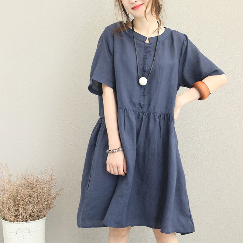 stylish blue linen dress oversize linen maxi dress women ruffles o neck cotton dress SDM180727