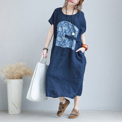 stylish blue linen shift dresses plus size linen cotton dress fine tie waist prints linen clothing dresses SDL180727