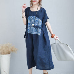 stylish blue linen shift dresses plus size linen cotton dress fine tie waist prints linen clothing dresses SDL180727