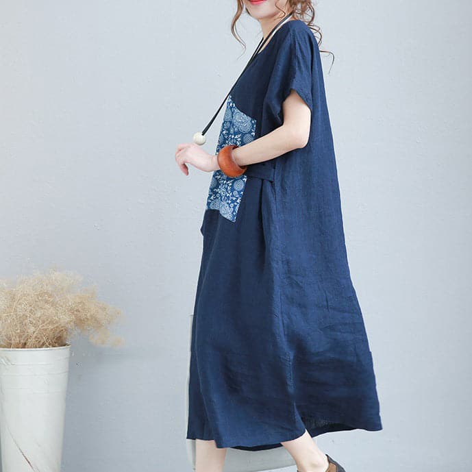 stylish blue linen shift dresses plus size linen cotton dress fine tie waist prints linen clothing dresses SDL180727