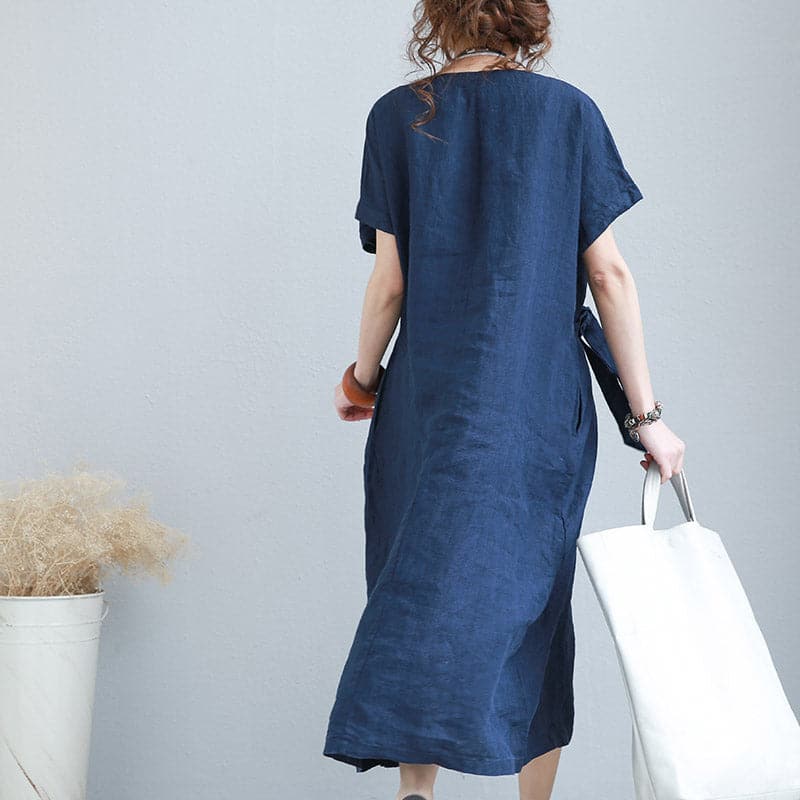 stylish blue linen shift dresses plus size linen cotton dress fine tie waist prints linen clothing dresses SDL180727