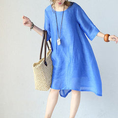 stylish blue natural silk dress Loose fitting silk clothing dress 2018 o neck half sleeve cotton clothing SDM180727