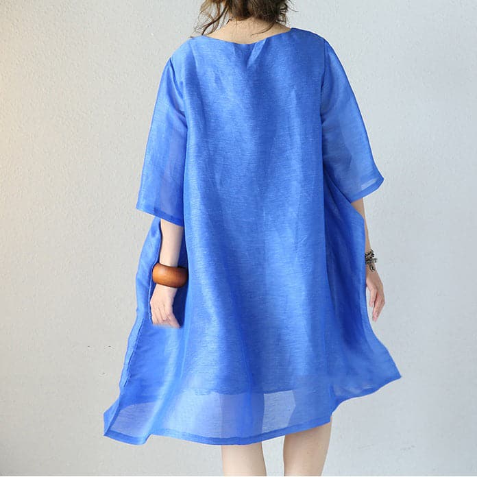 stylish blue natural silk dress Loose fitting silk clothing dress 2018 o neck half sleeve cotton clothing SDM180727