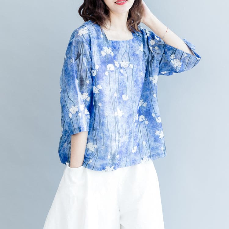 stylish blue print cotton linen Vest Loose fitting casual women Half sleeve Square Collar cotton linen tops STP180808