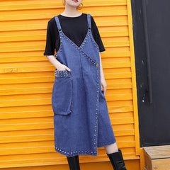 stylish denim blue Midi-length cotton dress Loose fitting cotton maxi dress Fine rivet decorated sleeveless knee dresses AT-SDM180417