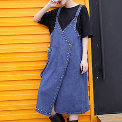 stylish denim blue Midi-length cotton dress Loose fitting cotton maxi dress Fine rivet decorated sleeveless knee dresses AT-SDM180417