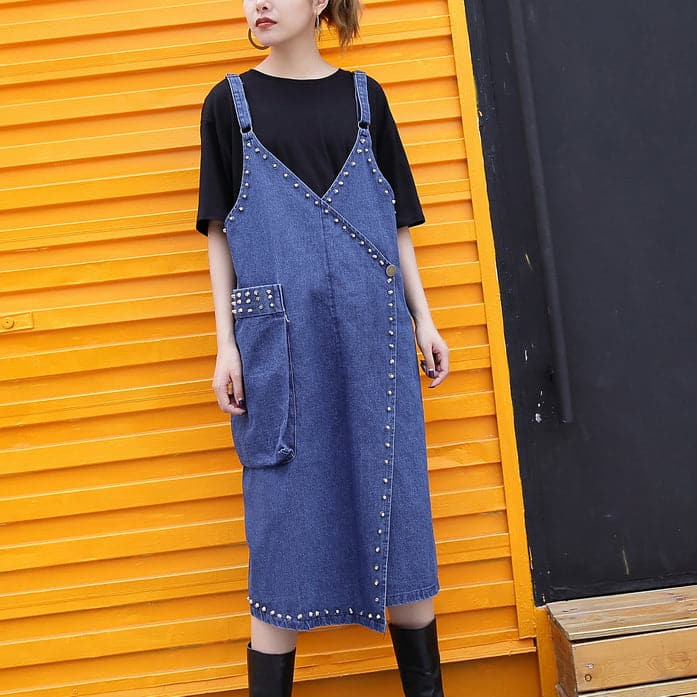 stylish denim blue Midi-length cotton dress Loose fitting cotton maxi dress Fine rivet decorated sleeveless knee dresses AT-SDM180417