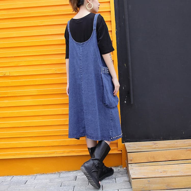 stylish denim blue Midi-length cotton dress Loose fitting cotton maxi dress Fine rivet decorated sleeveless knee dresses AT-SDM180417