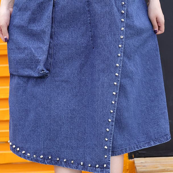 stylish denim blue Midi-length cotton dress Loose fitting cotton maxi dress Fine rivet decorated sleeveless knee dresses AT-SDM180417