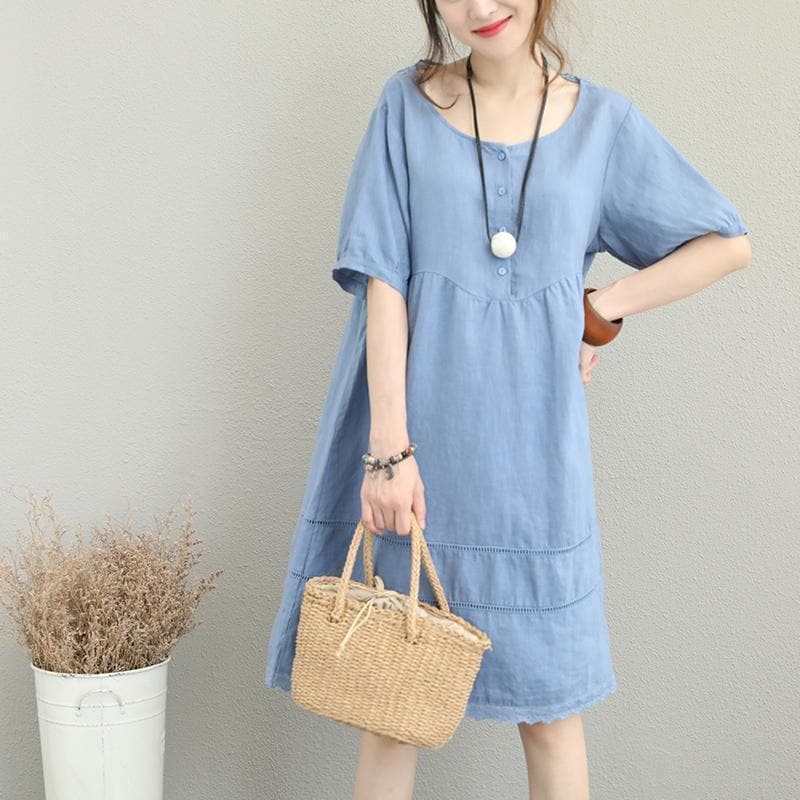 stylish light blue linen shift dress oversize shirt dress women patchwork lace hollow out linen cotton dress SDM180727