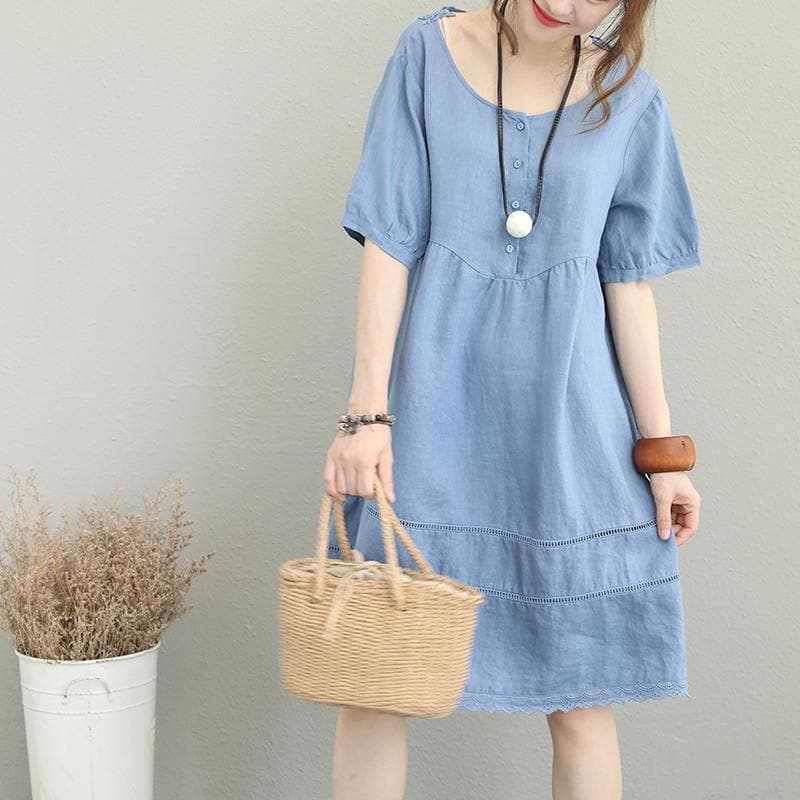 stylish light blue linen shift dress oversize shirt dress women patchwork lace hollow out linen cotton dress SDM180727