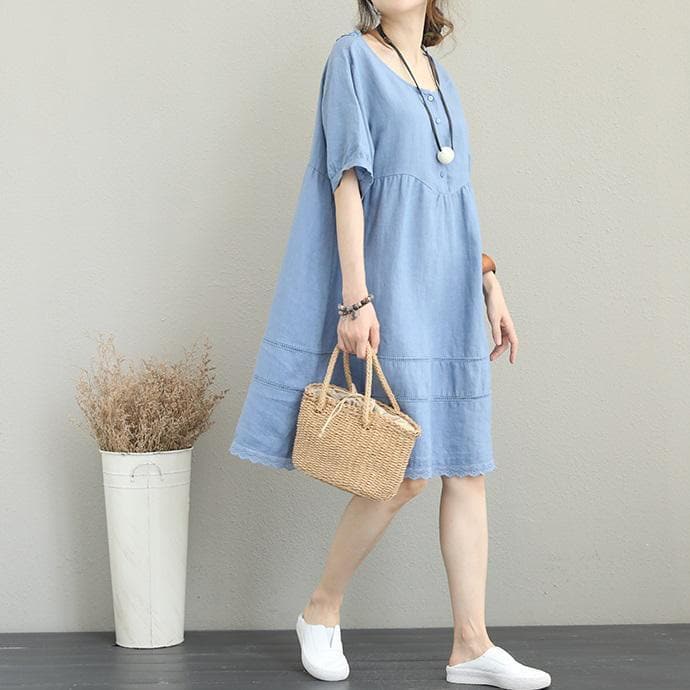 stylish light blue linen shift dress oversize shirt dress women patchwork lace hollow out linen cotton dress SDM180727